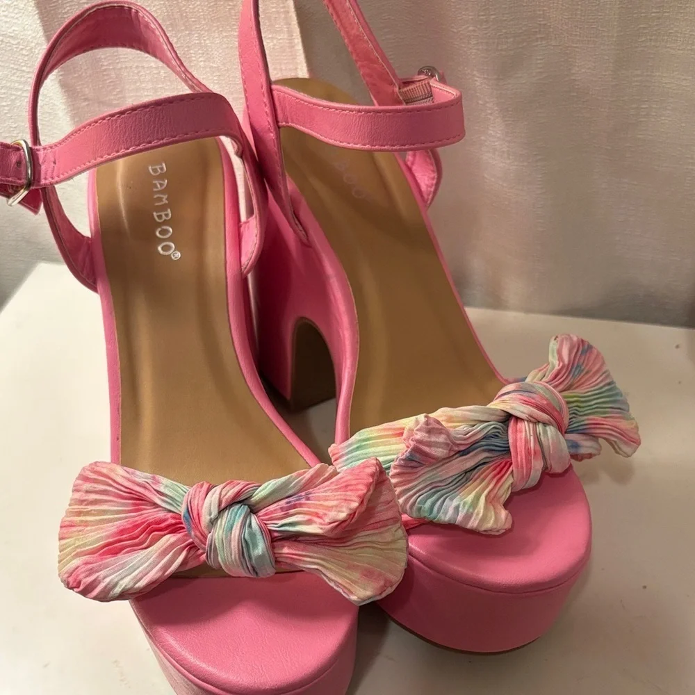 Bamboo Vibrant Pink Platform Heels with Multicolor Bow